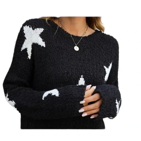 Amazon Earth Black Star Pullover Side Slit Casual Long Sleeve Sweater - Picture 3 of 11